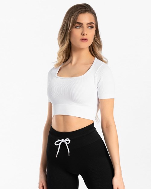 TEVEO Rebrovaný Crop Top Biele | 072384-DZR